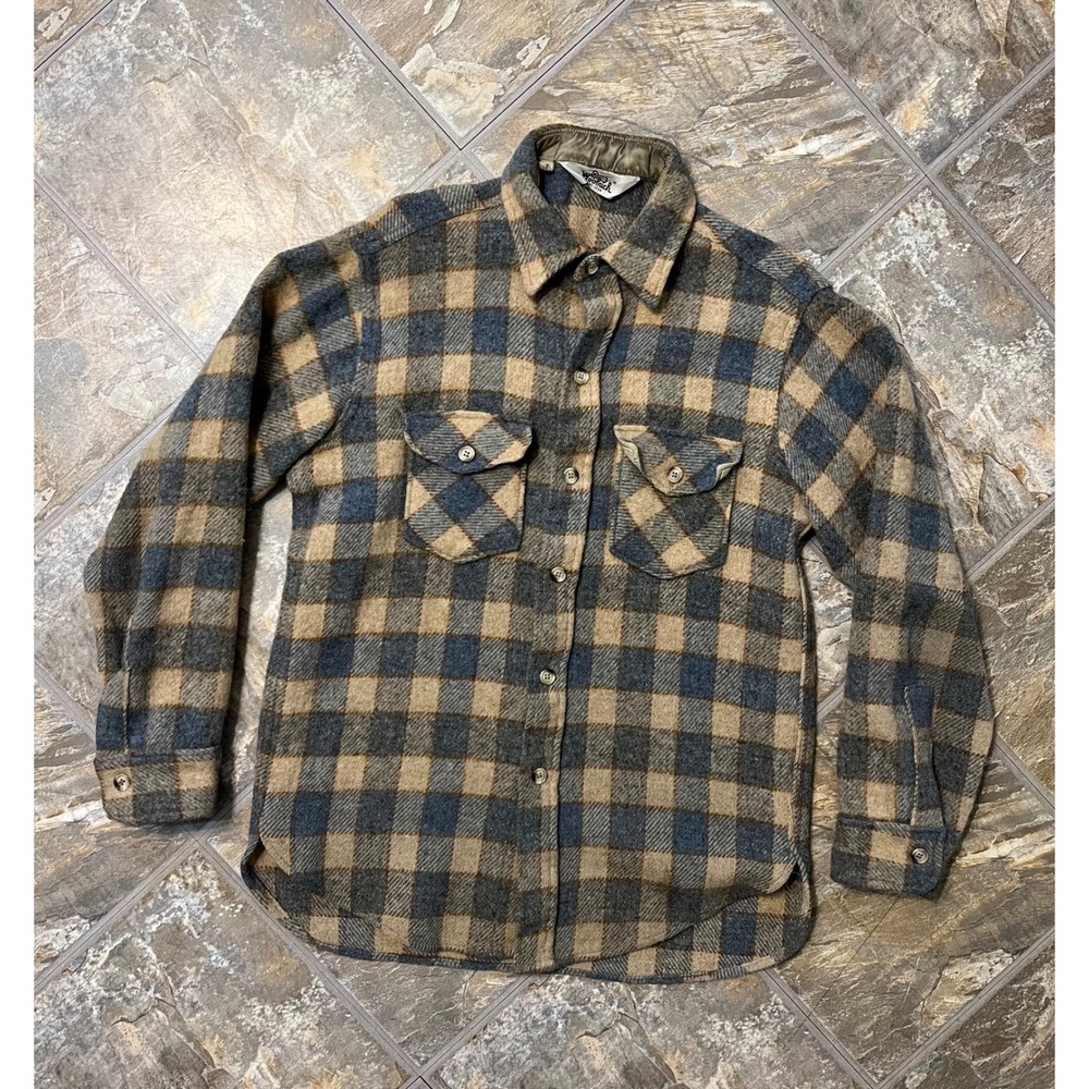 Woolrich Flannel Shirt Mens Medium Tan Blue Vintage Wool Made in USA